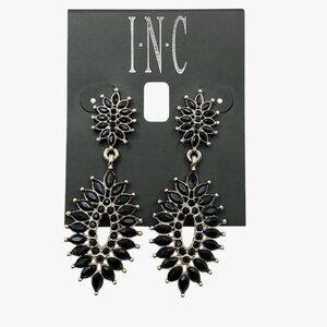 INC Drop Earrings Black Stones with Gold Tone
